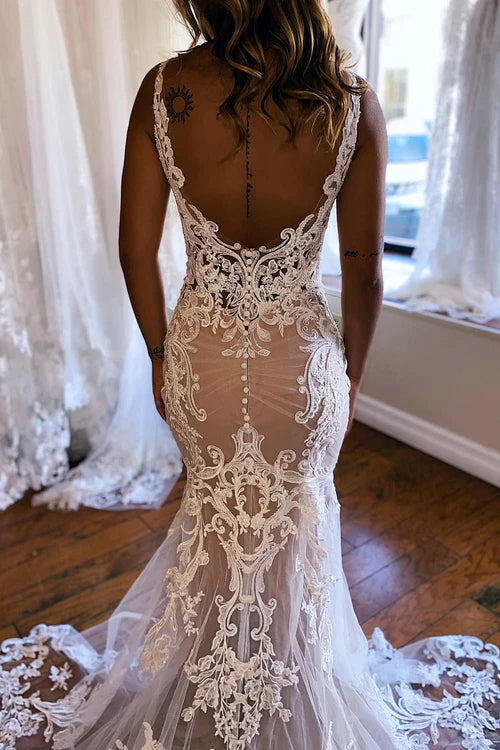 Wholesale Elegant Champagne V-Neck Mermaid Long Lace Wedding Dress