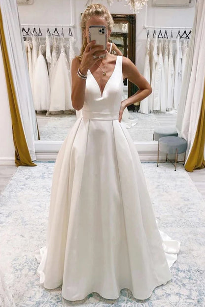 Wholesale Elegant Ivory A-Line Deep V-Neck Long Wedding Dress with Bowknot