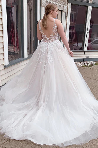 Wholesale Elegant White A-Line Tulle Sparkly White Wedding Dress with Appliques