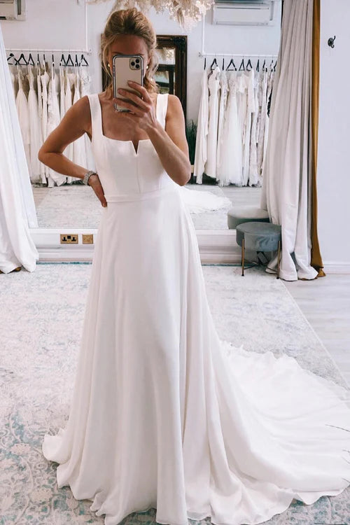 Wholesale Elegant Simple White Square Neck Boho Long Chiffon Wedding Dress