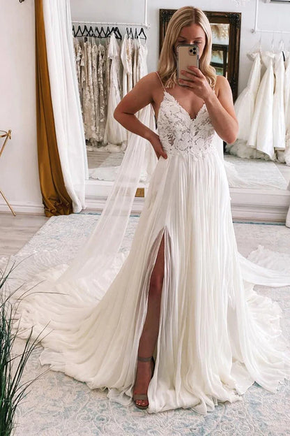 Wholesale Elegant Ivory A-Line Watteau Train Boho Long Chiffon Wedding Dress with Lace