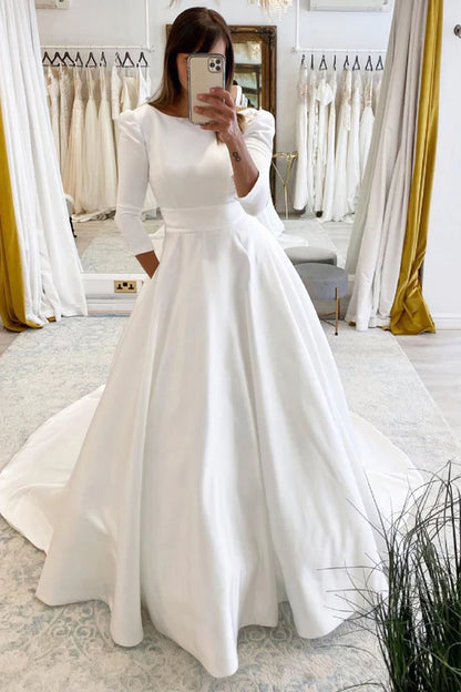 Wholesale Elegant White Vintage A-Line Long Satin Bateau-Neck Wedding Dress