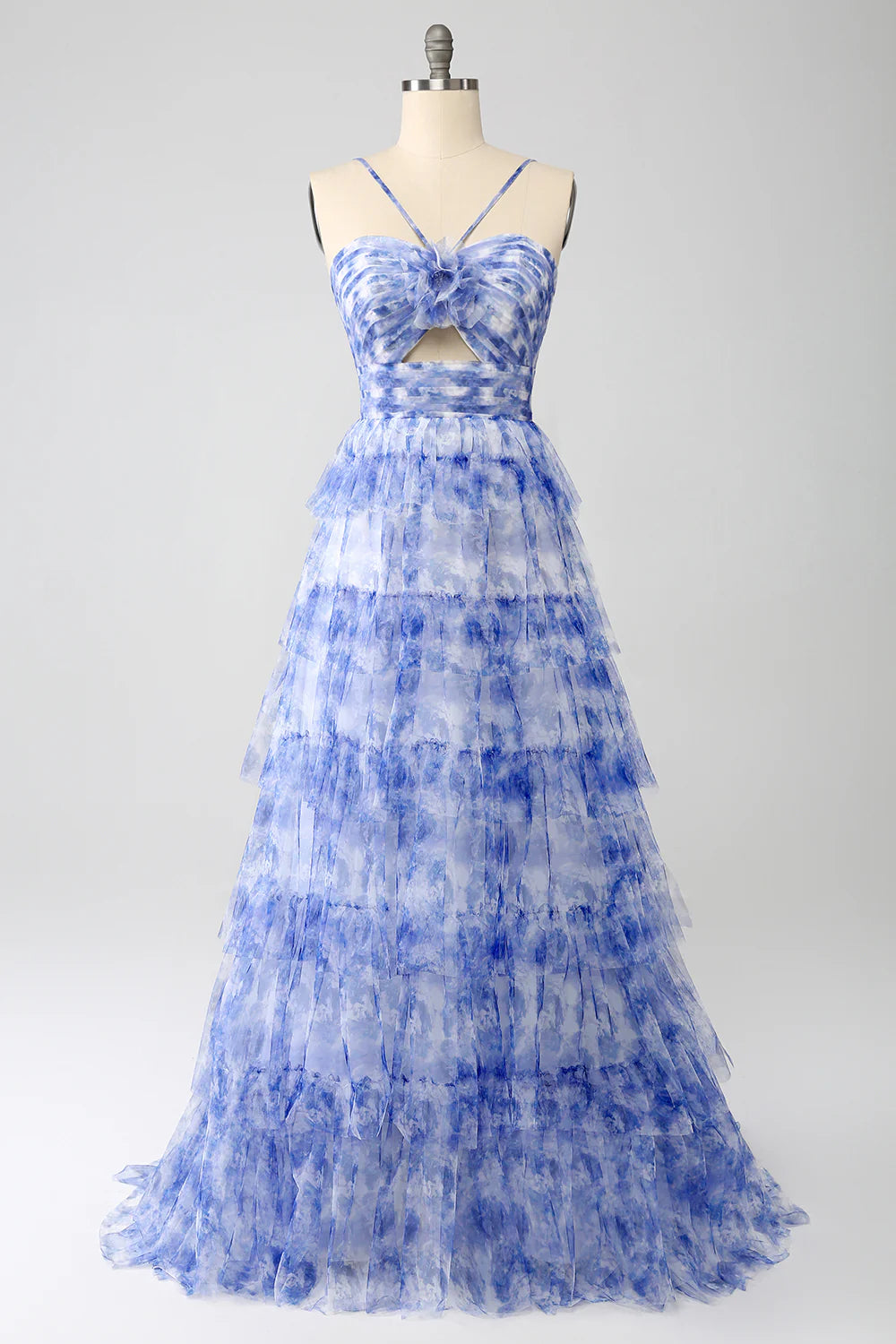 Wholesale Blue Flower A-Line Evening Dress Halter Floral Print Tiered Long Prom Dress