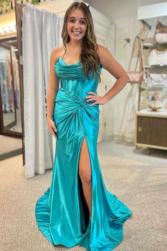 Wholesale Prom Dress Stylish Mermaid Strapless Lace Up Satin With Split