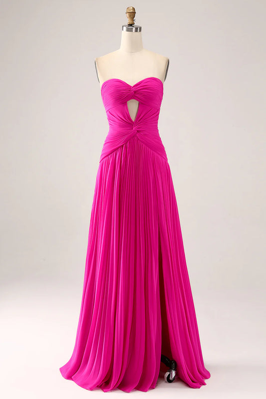 Wholesale Fuchsia A-Line Evening Dress Pleated Hollow Out Long Maxi Dress With Slit