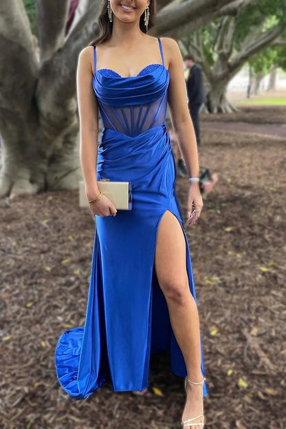 Wholesale Mermaid Spaghetti Straps Satin Prom Dress With Split