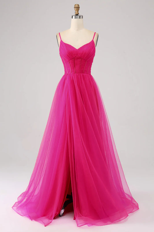 Wholesale A-Line Evening Dress Spaghetti Straps Long Corset Fuchsia Prom Dress with Slit