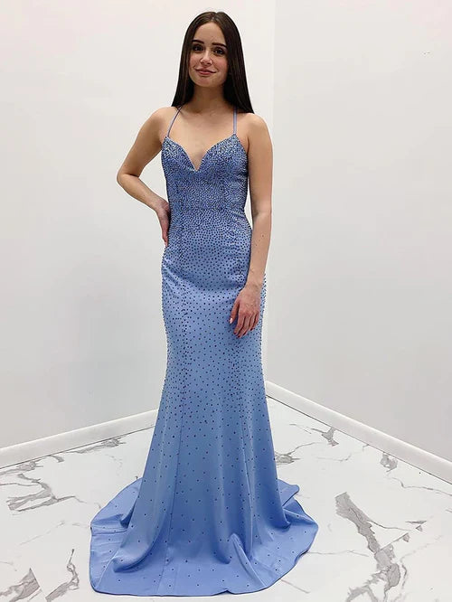 Wholesale Mermaid Evening Dress Blue V-Neck Long Prom Dress