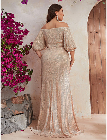 Aimishang Charming Wedding Guest Dresses Sparkle Plus Size Dress Sequin Formal Evening Party Dress Floor Length With Sleeves Off Shoulder Long Prom Dress