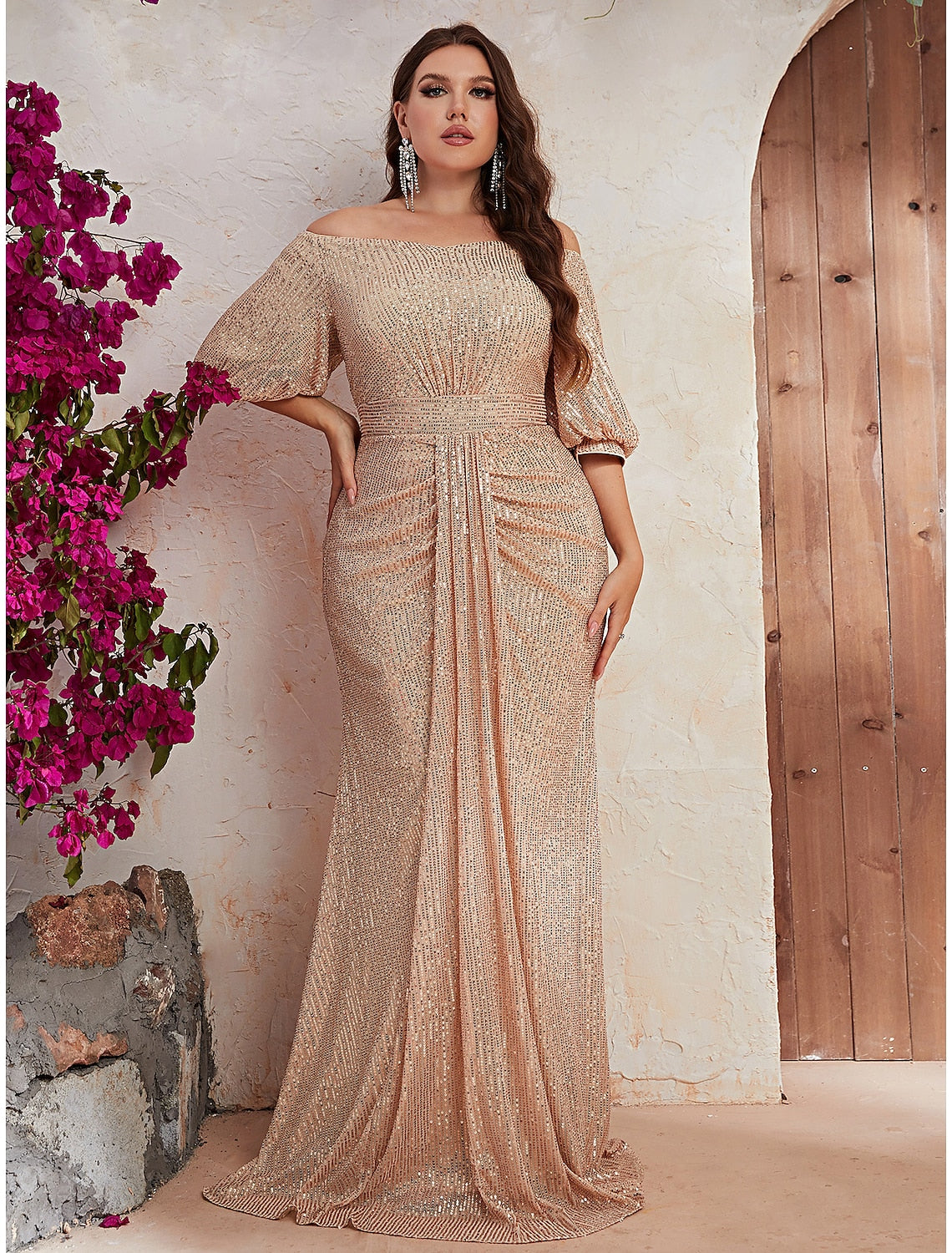 Aimishang Charming Wedding Guest Dresses Sparkle Plus Size Dress Sequin Formal Evening Party Dress Floor Length With Sleeves Off Shoulder Long Prom Dress