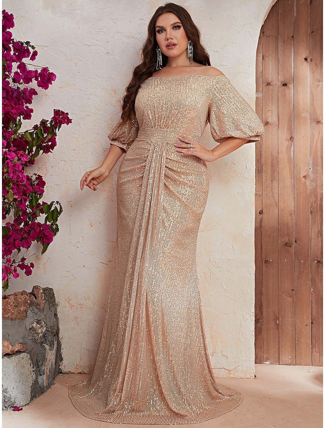 Aimishang Charming Wedding Guest Dresses Sparkle Plus Size Dress Sequin Formal Evening Party Dress Floor Length With Sleeves Off Shoulder Long Prom Dress
