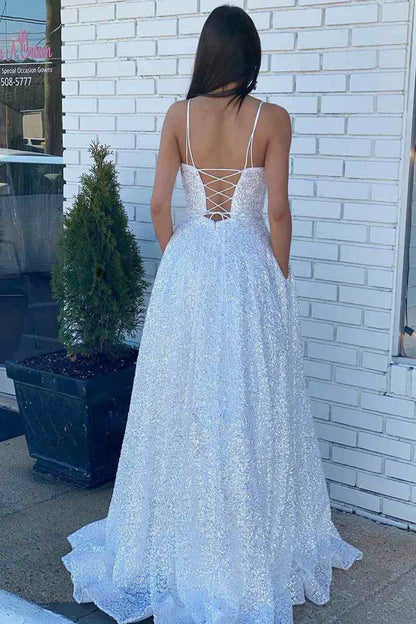 Wholesale Evening Dress White Open Back Long Prom Dresses Sequins Pocket