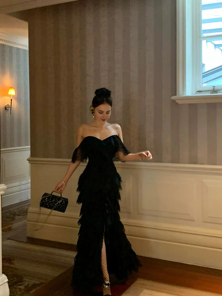 Aimishang Elegant Evening Gowns Off The Shoulder Black Lace Long Prom Dress Slit Evening Gown Stores With Prom Dresses
