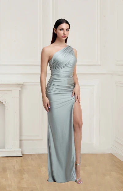 Women's One Shoulder Prom Dresses Sheath Ruched Bodycon With Split