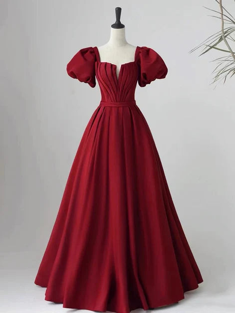 Wine Red Short Sleeves A-line Floor Length Party Dress Long Prom Dress Elegant Evening Dress