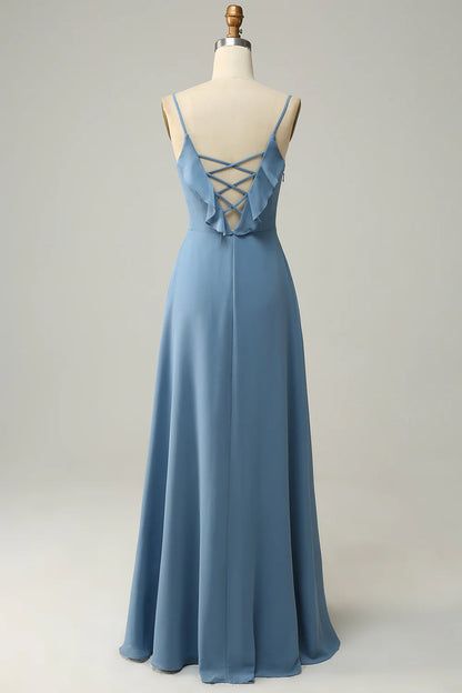 Wholesale A Line Spaghetti Straps Grey Blue Long Bridesmaid Dress with Ruffles