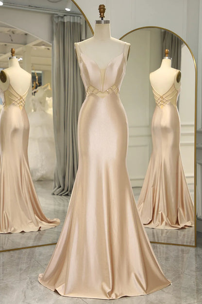 Wholesale Simple Champagne Spaghetti Straps Long Mermaid Satin Prom Dress