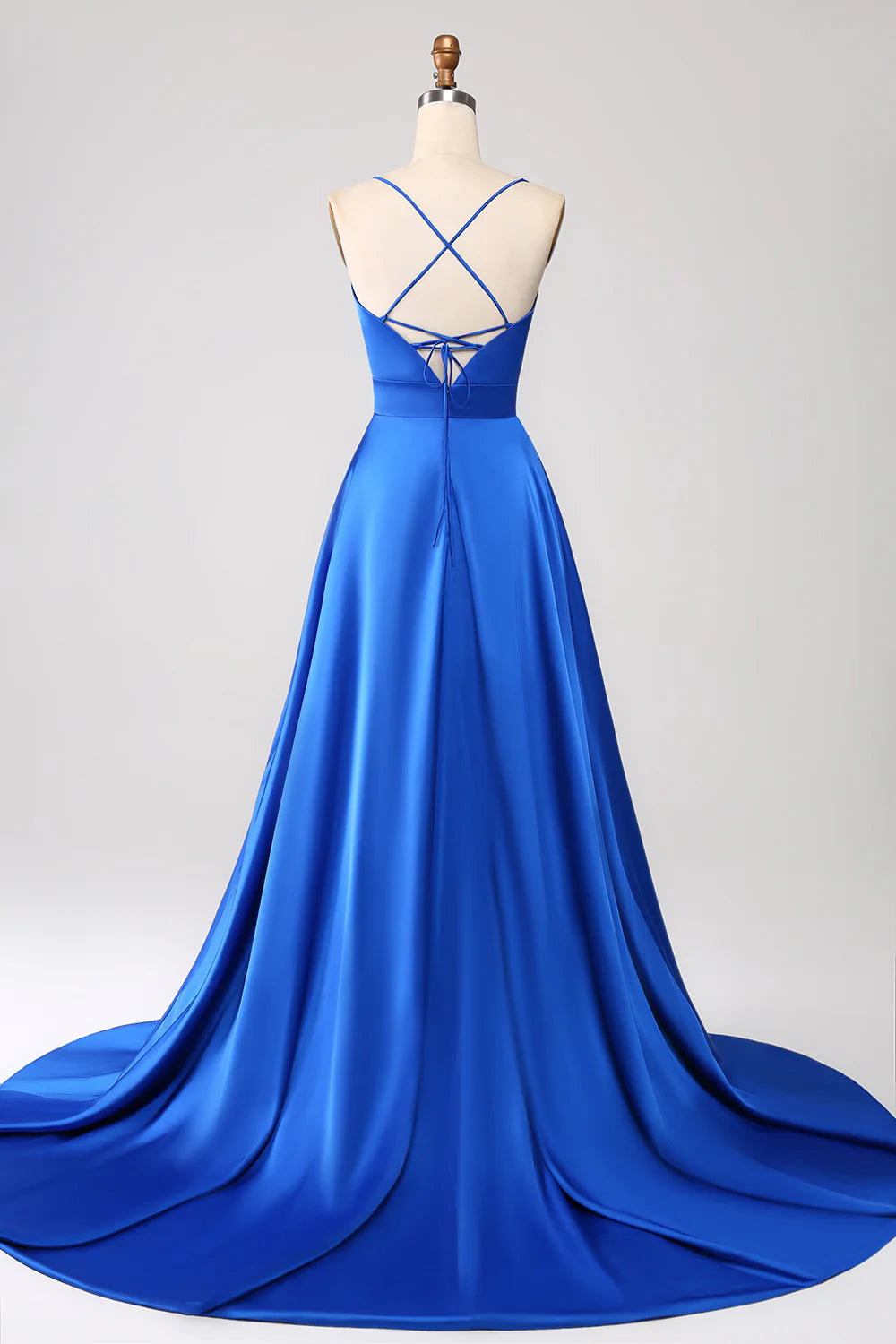 Wholesale Royal Blue A Line Spaghetti Straps Satin Prom Dress with Slit