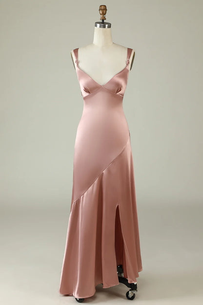 Wholesale Blush Asymmetrical Bridesmaid Dress with Slit