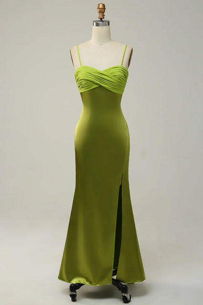 Wholesale Sheath Spaghetti Straps Lemon Green Bridesmaid Dress with Silt