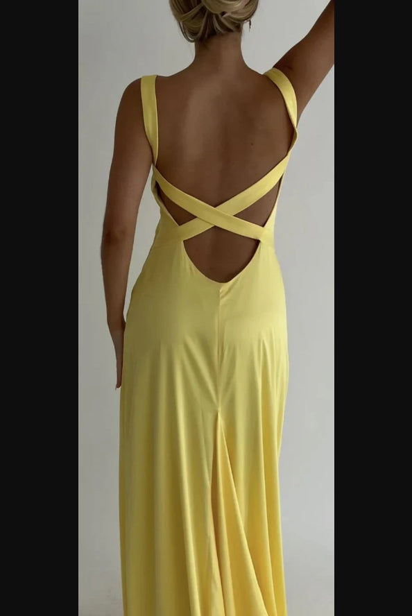 Aimishang Simple Straps Yellow V-neck Backless Long Prom Dress Charming Evening Party Dress Formal Dress