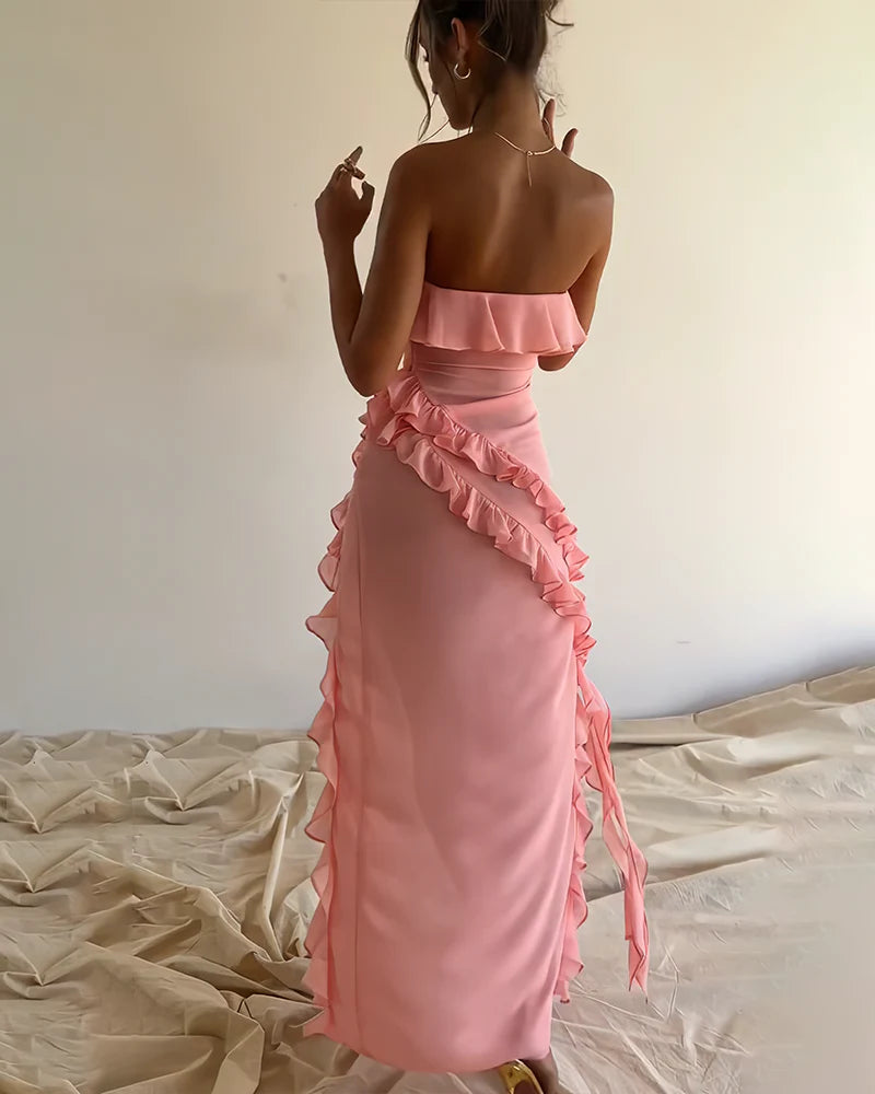 Aimishang Elegant Slit Pleated Strapless Charming Evening Party Dress Formal Dress