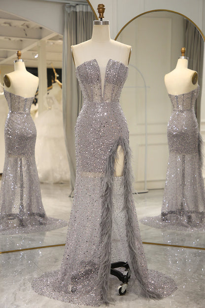 Wholesale Prom Dress Mermaid Sparkly Sequin Corset With Feather Slit