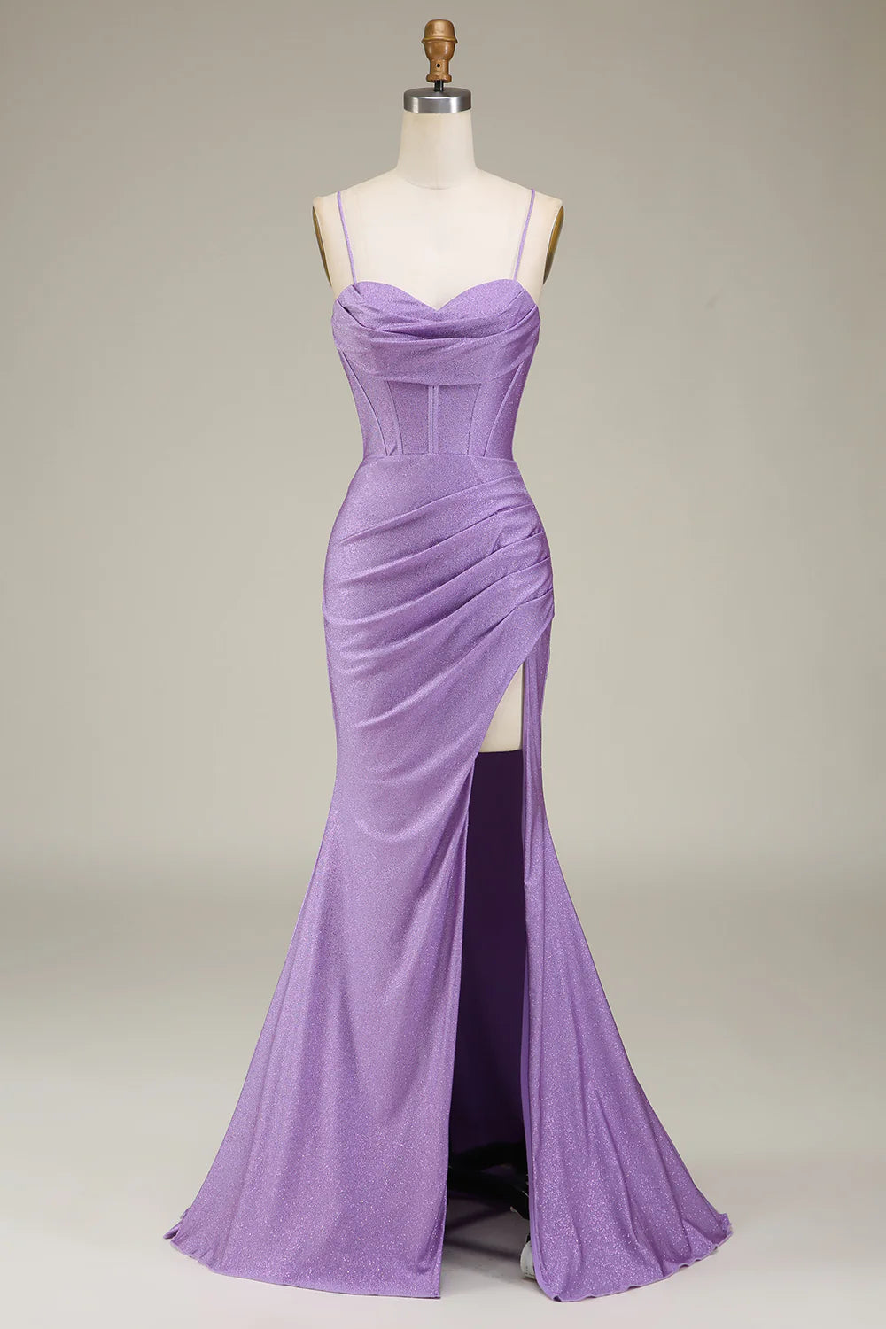 Wholesale Lilac Mermaid Evening Dress Spaghetti Straps Satin Corset Prom Dress with Slit