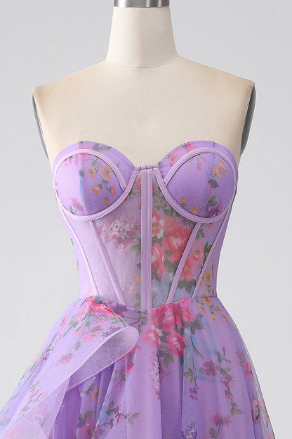 Wholesale A-Line Sweetheart Strapless Corset Prom Dress With Slit Purple Printed