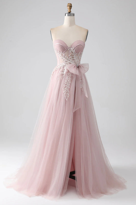 Wholesale Blush A-Line Sweetheart Prom Dress Strapless Bow Tulle with Slit Sparkly