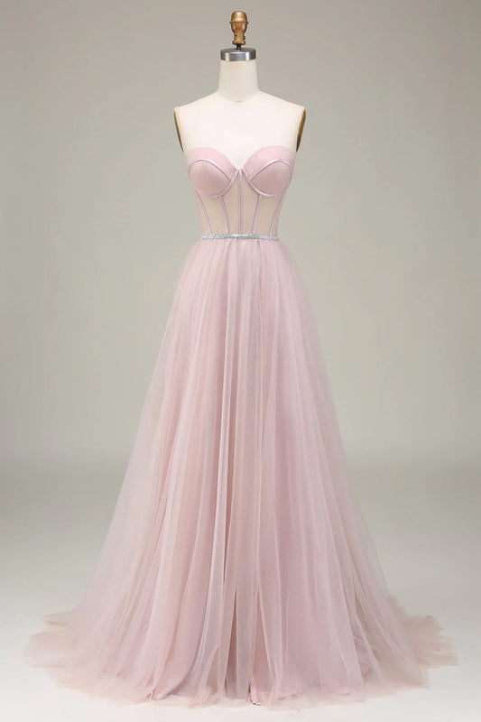 Wholesale Light Pink Evening Dress A-Line Sweetheart Tulle Corset Long Prom Dress