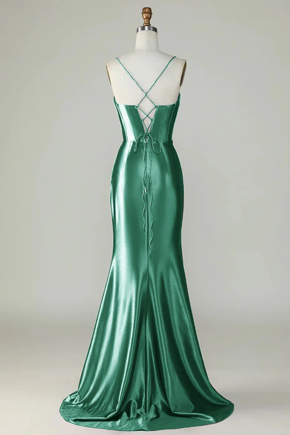 Wholesale Mermaid Evening Dress Spaghetti Straps Long Prom Dress Dark Green With Slit