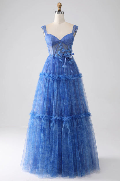 Wholesale Blue Printed A Line Long Prom Dress Tulle Corset With Appliques