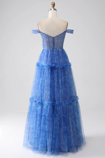 Wholesale Blue Printed A Line Long Prom Dress Tulle Corset With Appliques