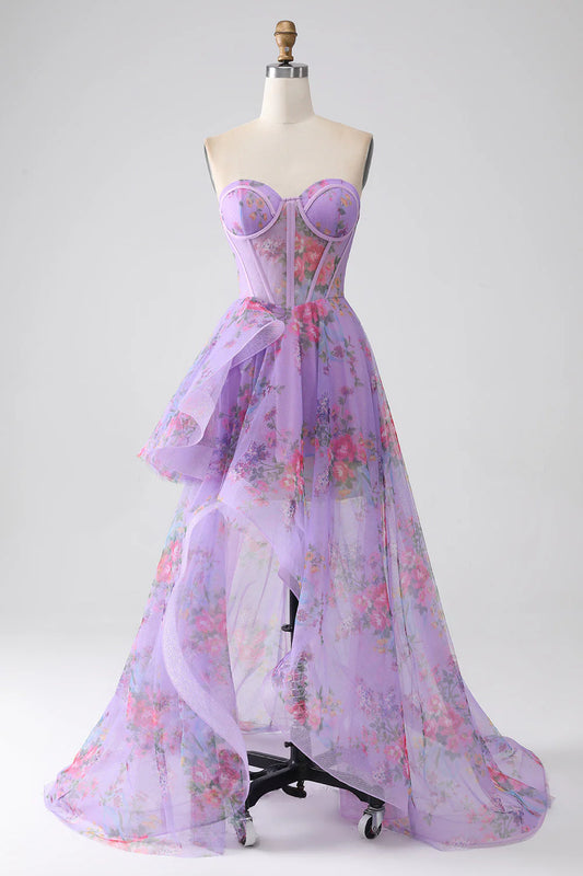 Wholesale A-Line Sweetheart Strapless Corset Prom Dress With Slit Purple Printed