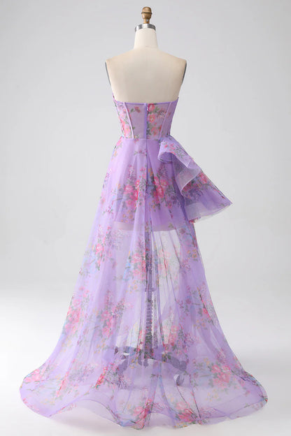 Wholesale A-Line Sweetheart Strapless Corset Prom Dress With Slit Purple Printed