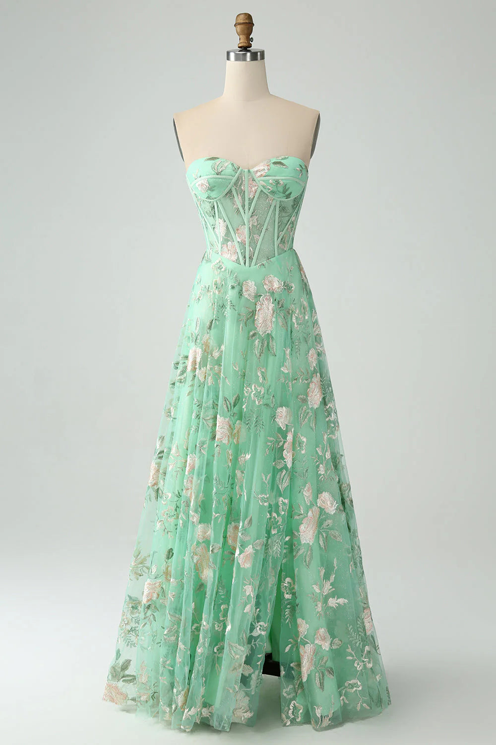 Wholesale Green A-Line Evening Dress Sweetheart Corset Long Prom Dress with Embroidery