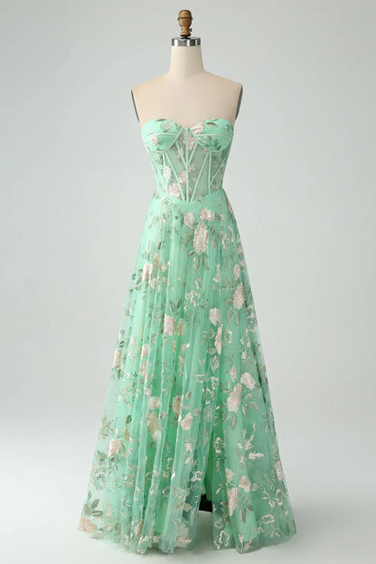 Wholesale Green A-Line Evening Dress Sweetheart Corset Long Prom Dress with Embroidery