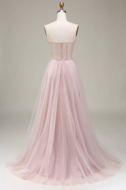 Wholesale Light Pink Evening Dress A-Line Sweetheart Tulle Corset Long Prom Dress