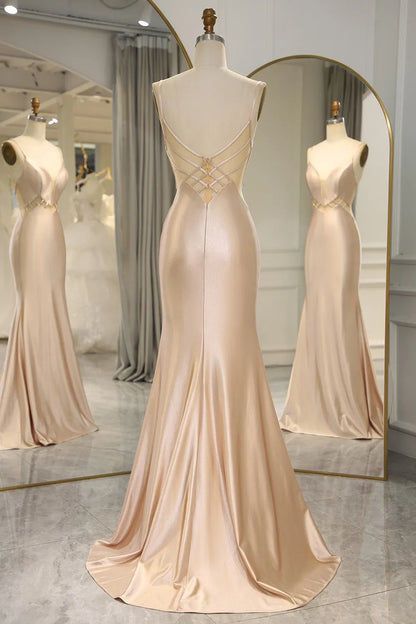 Wholesale Simple Champagne Spaghetti Straps Long Mermaid Satin Prom Dress