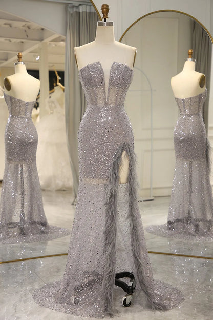 Wholesale Sparkly Grey Strapless Long Mermaid Prom Dress With Feather And Split