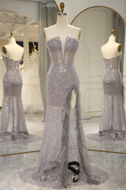 Wholesale Mermaid Prom Dress Sparkly Grey Strapless With Feather And Split