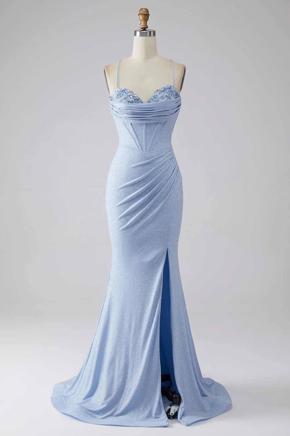 Wholesale Light Blue Sparkly Mermaid Evening Dress Spaghetti Straps Corset Prom Dress with Slit