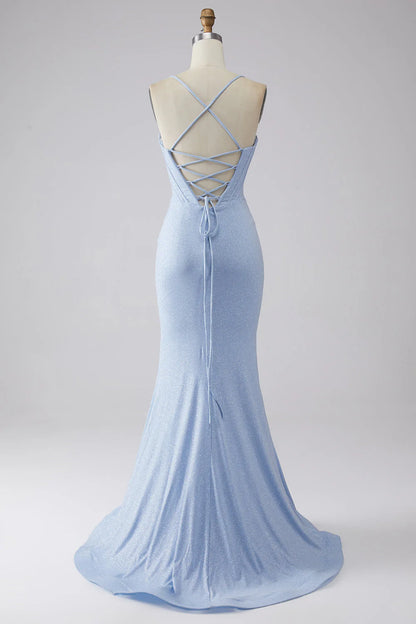 Wholesale Light Blue Sparkly Mermaid Evening Dress Spaghetti Straps Corset Prom Dress with Slit