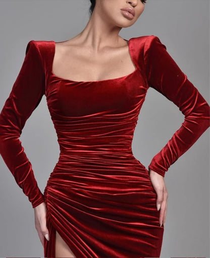 Burgundy Long Sleeves Square Neck Pleated High Slit Velvet Evening Dress Sexy Party Dress Formal Dress