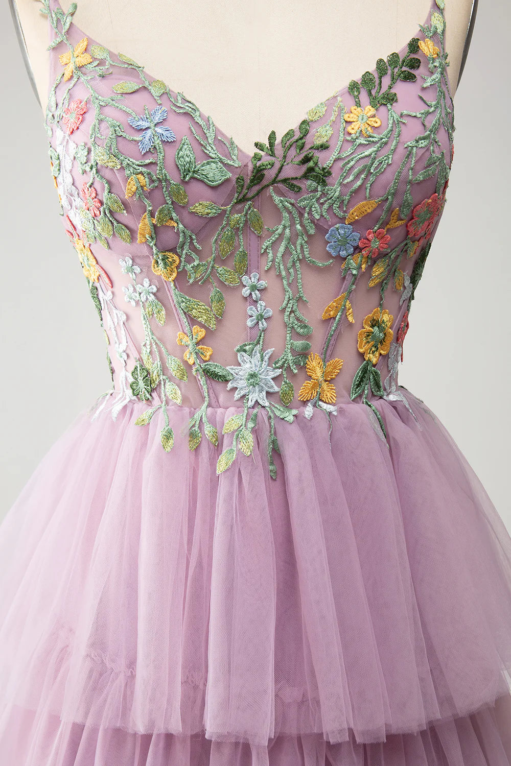 Wholesale Prom Dress A-Line Tulle Corset Spaghetti Straps Tiered With Appliques Mauve