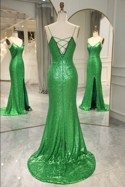 Wholesale Sparkly Green Spaghetti Straps Lace Up Long Prom Dress with Split