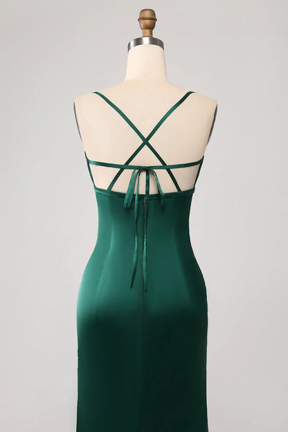 Wholesale Dark Green Mermaid Spaghetti Straps Satin Prom Dress with Pleated