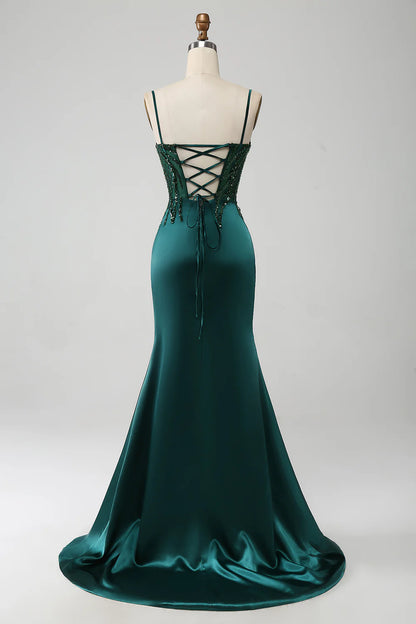 Wholesale Sparkly Dark Green Mermaid Sequin Pleated Corset Prom Dress With Slit