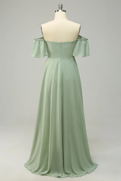 Wholesale A Line Off the Shoulder Green Long Bridesmaid Dress with Ruffles